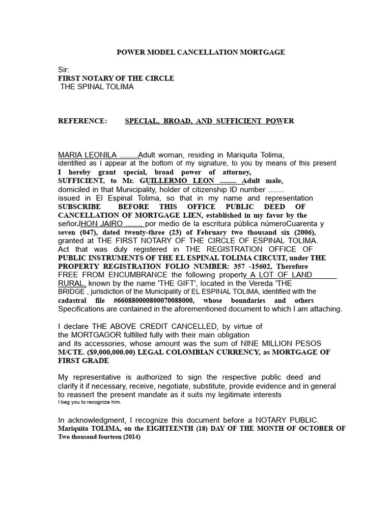 Mortgage Cancellation Power of Attorney | PDF