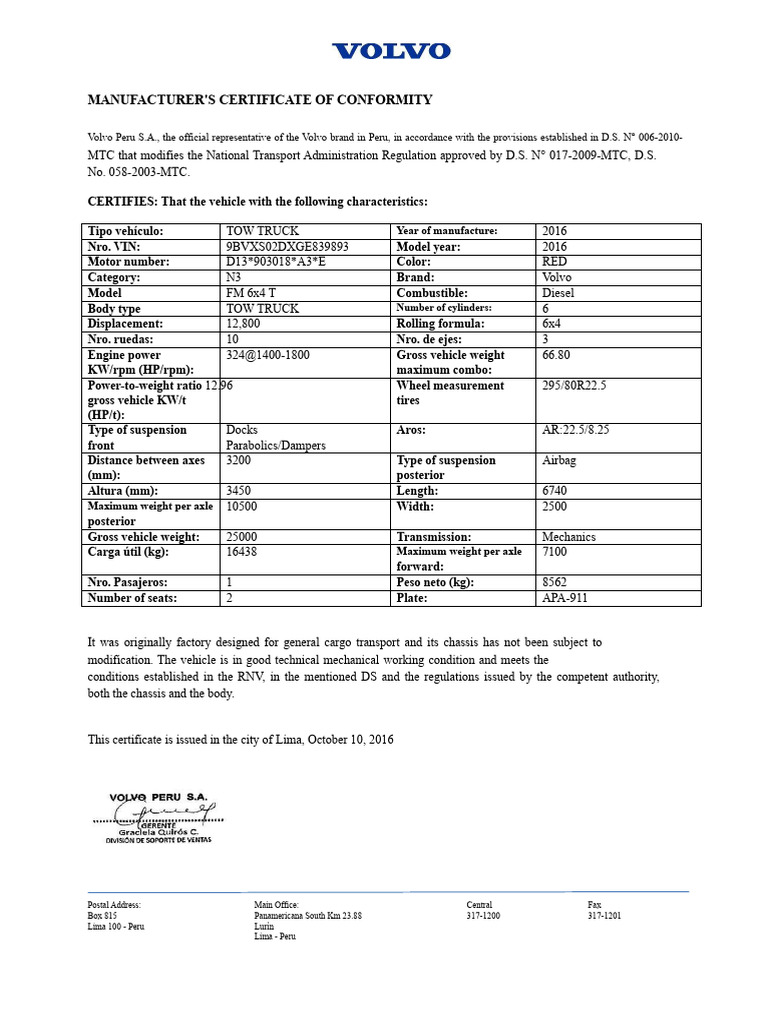Volvo Peru Certificate of Conformity | PDF | Truck | Engines