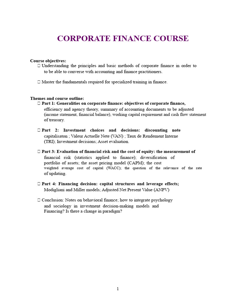 Corporate Finance Course Overview | PDF | Equity (Finance) | Debt