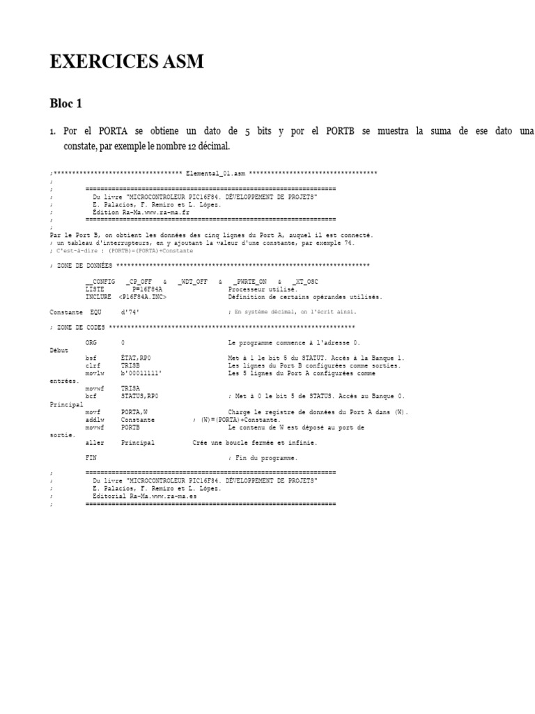Exercices ASM sur le PIC16F84 | PDF | Matériel informatique ...