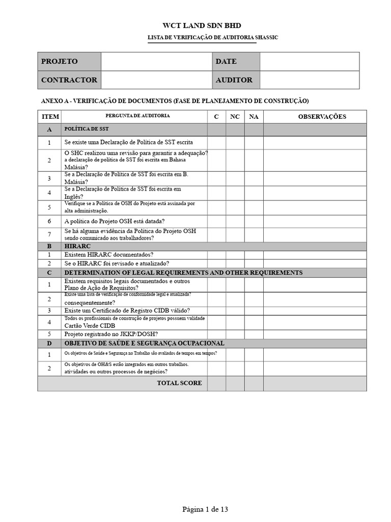 Checklist de Auditoria SHASSIC para Construção | PDF | Competência ...