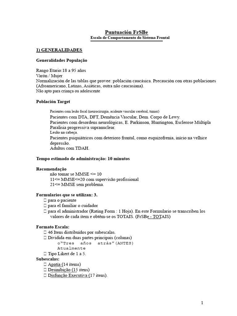 Escala FrSBe: Avaliação Comportamental | PDF | Neurociência ...