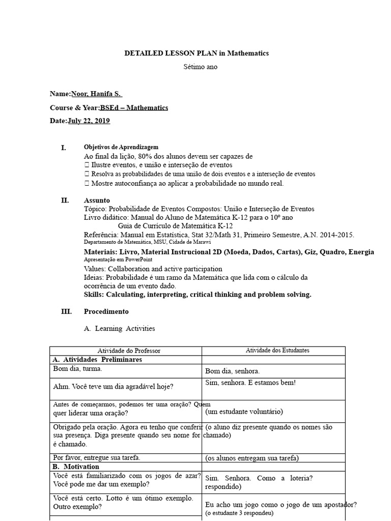 Demonstração de PLANO DE AULA DETALHADO em Matemática | PDF ...