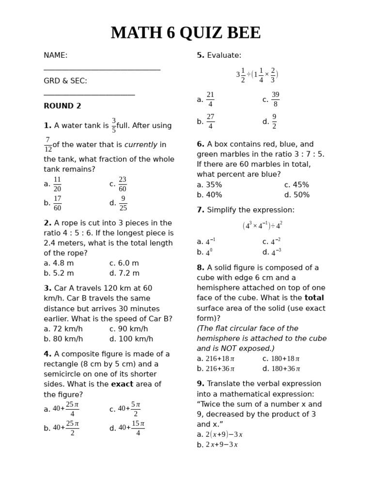 Math 6 Quiz Bee Questions & Answers | PDF