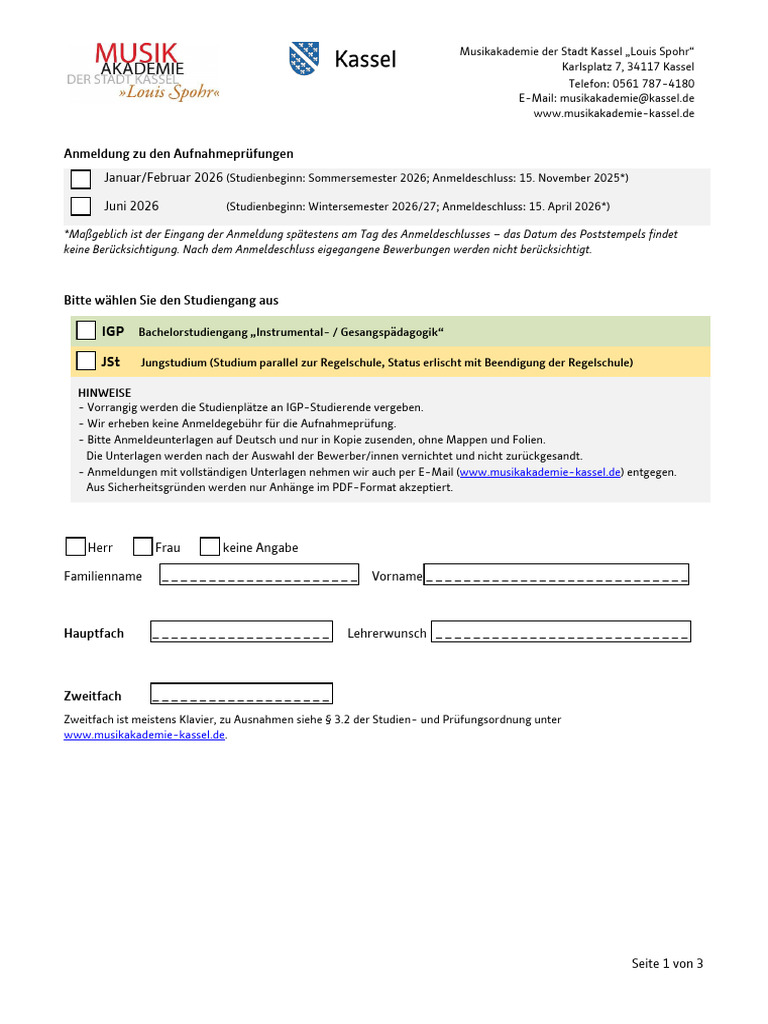 Anmeldung Zur Aufnahmepruefung Aktuell Formular | PDF