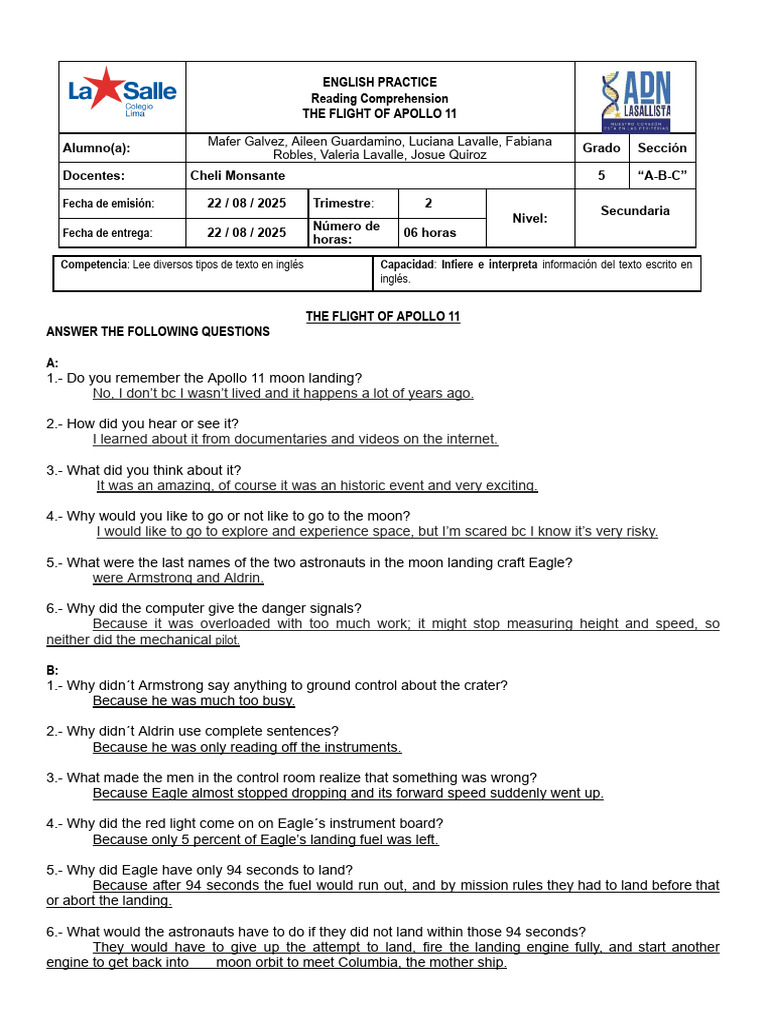 Copia de APOLO 11 Questions | PDF | Apollo 11 | Human Spaceflight