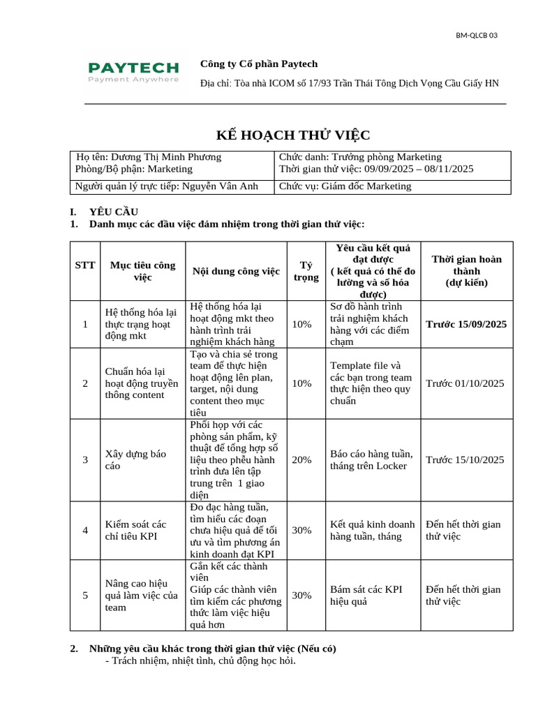 4.2 Mẫu Kế Hoạch Thử Việc | PDF