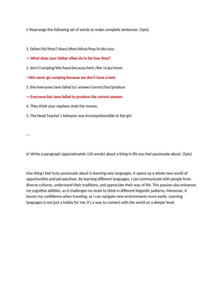 Sentence Rearrangement and Passion Writing | PDF