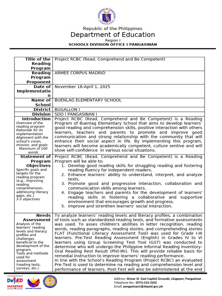 English Template For District and School Based Reading Programs | PDF ...