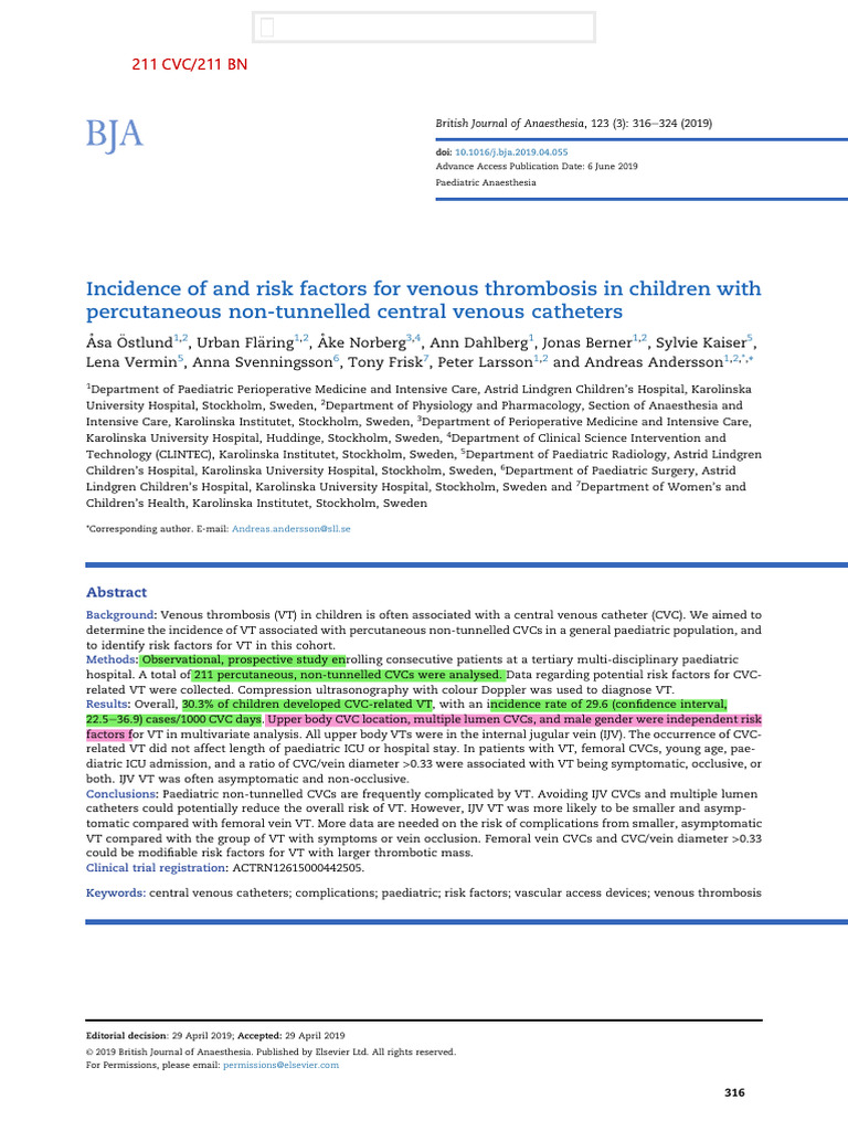 Incidence of and Risk Factors For Venous Thrombosis in Children With ...