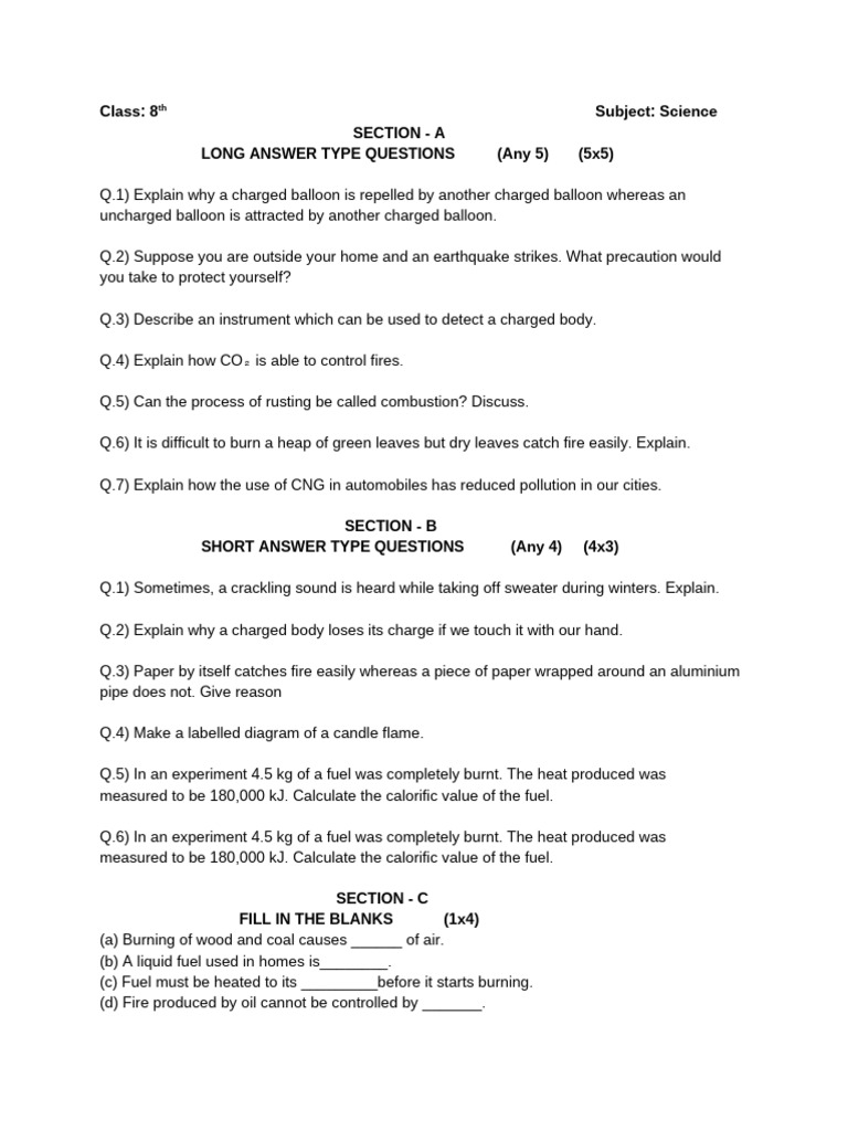 8th Grade Science Exam Questions | PDF | Combustion | Electric Charge