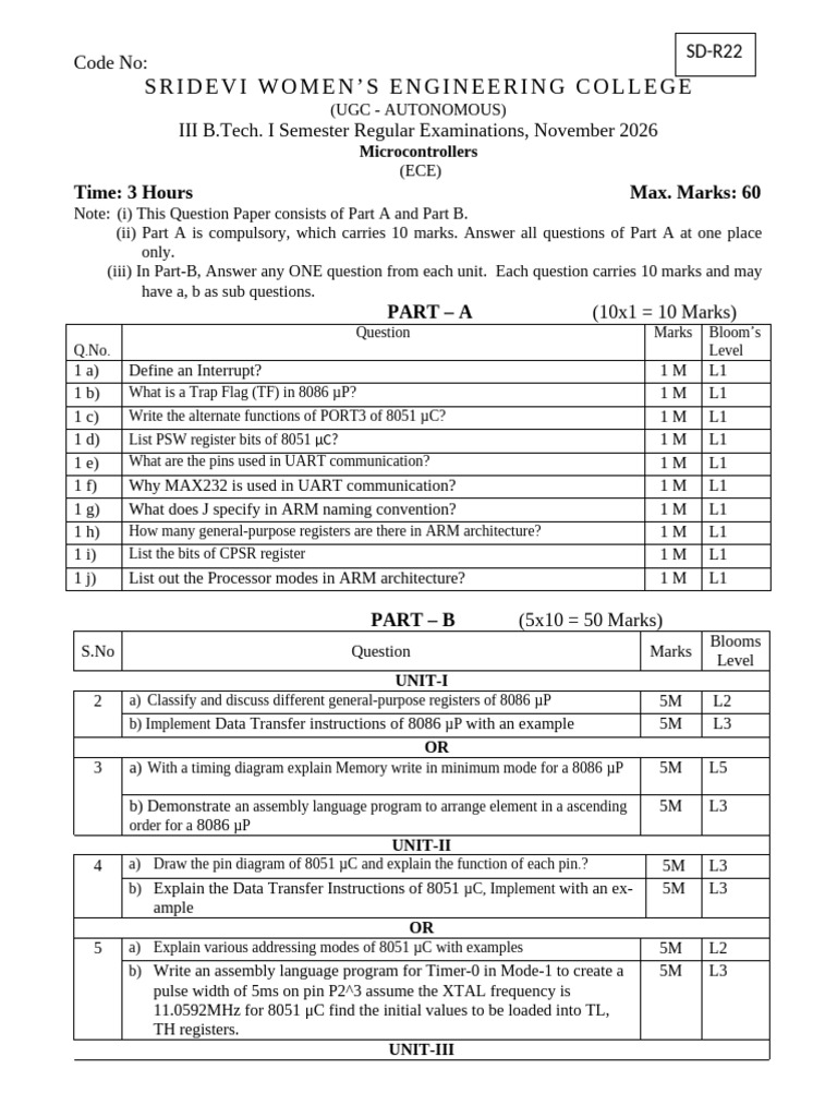 Microcontrollers Exam Paper - Nov 2026 | PDF | Central Processing Unit ...