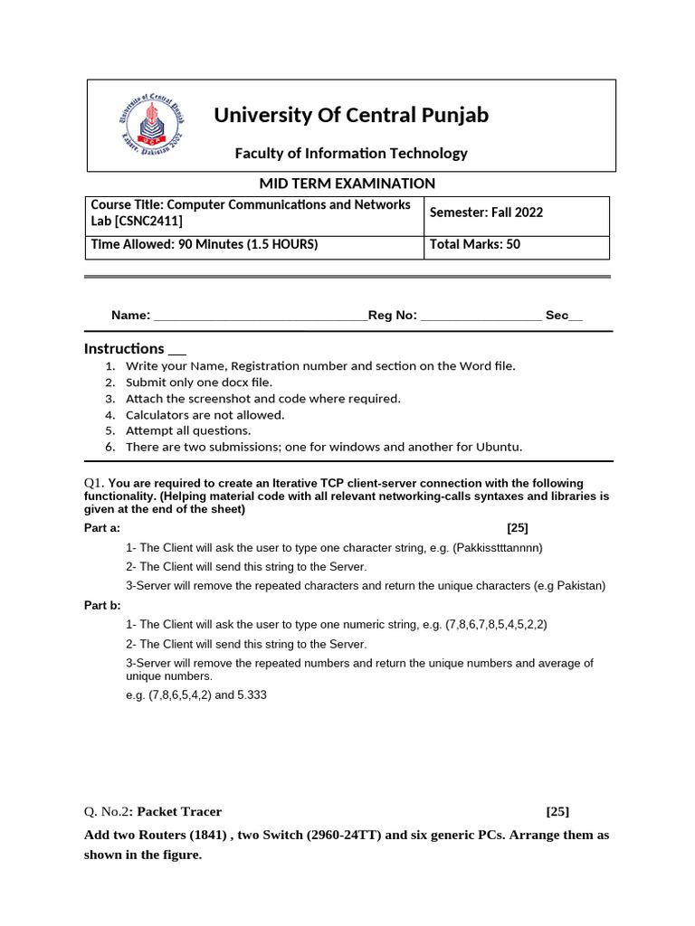 Computer Networks Midterm Exam 2022 | PDF | Network Architecture ...