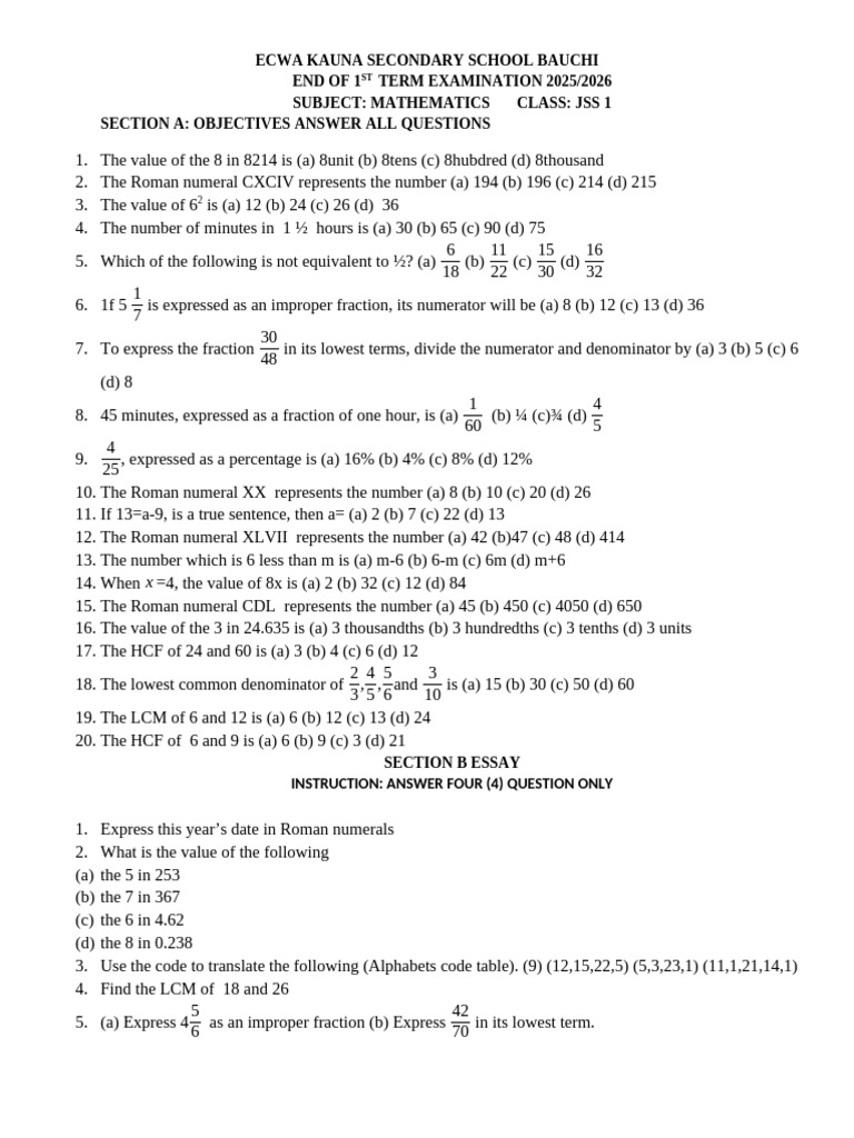 JSS Mathematics Exam Questions 2025/2026 | PDF | Arithmetic | Discrete ...