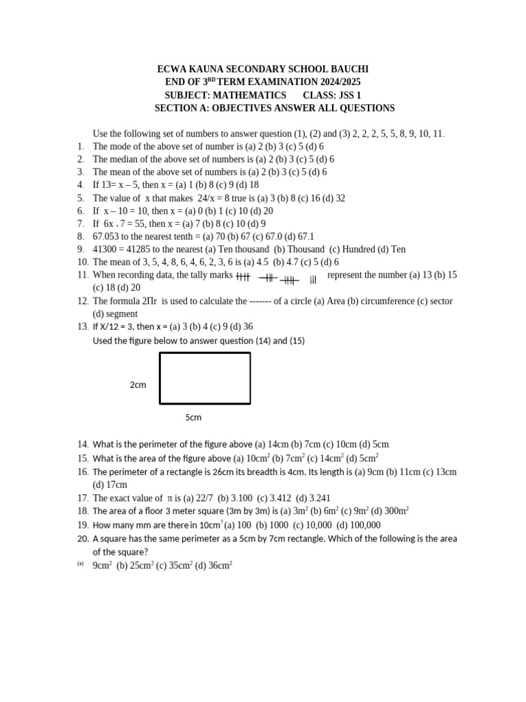 Mathematics Exam Questions for JSS 1 & 2 | PDF | Area | Euclidean Plane ...