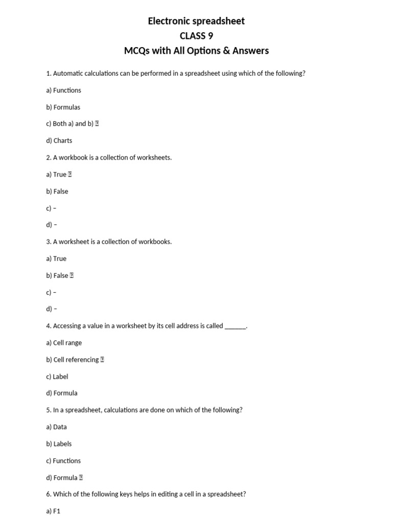 Class 9 Spreadsheet MCQs and Answers | PDF | Spreadsheet | Pie Chart
