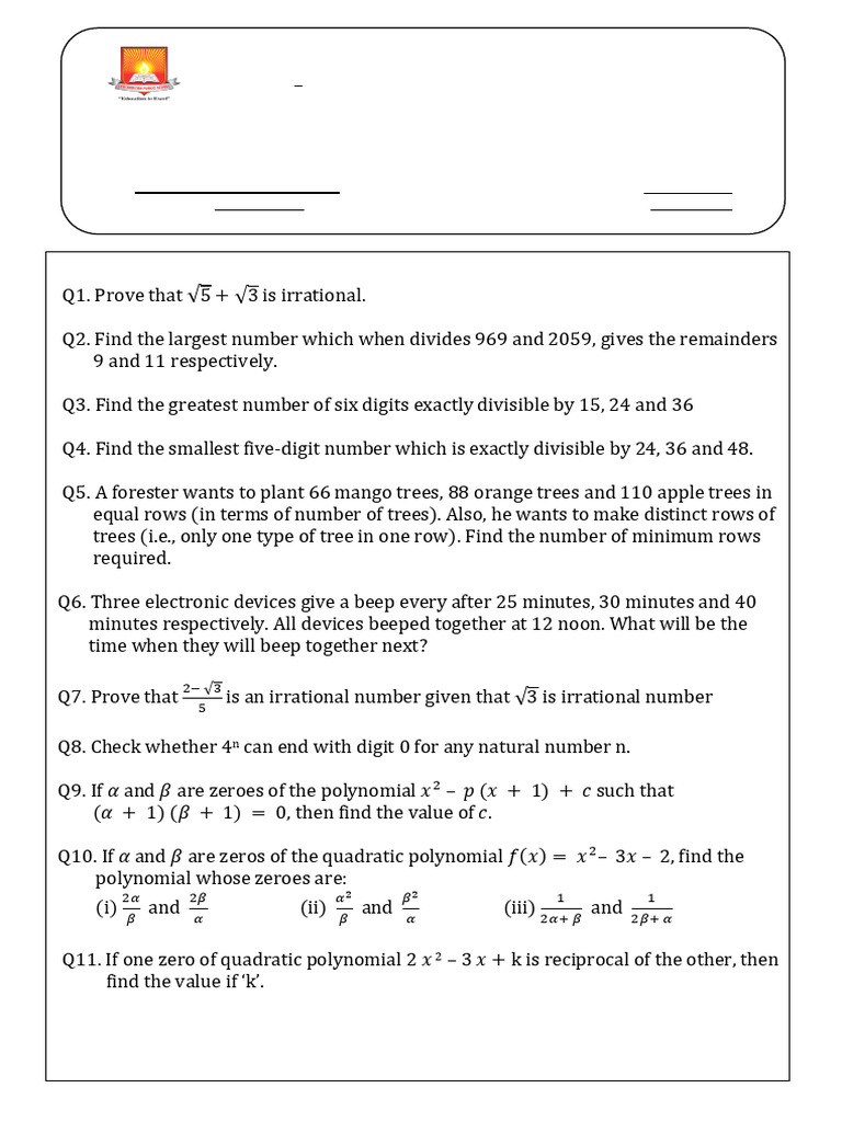 Math Practice Worksheet for Grade X | PDF | Numbers | Mathematics