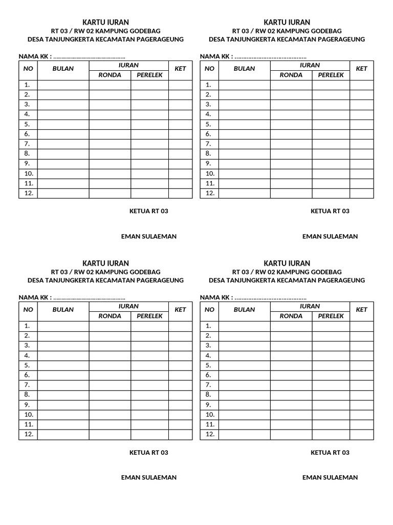 Kartu Iuran RT 03 Kampung Godebag | PDF