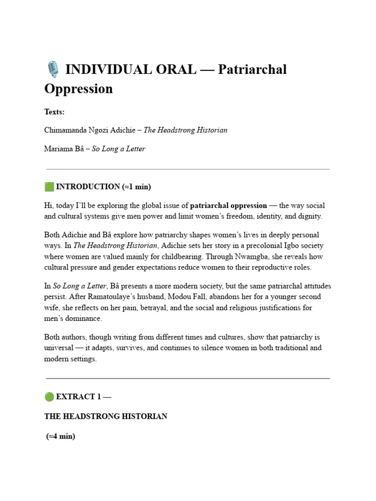 Patriarchal Oppression in Adichie & Bâ | PDF | Patriarchy | Woman