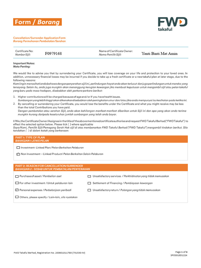 Fwd Cancellation and Surrender Form -YANTI EDIT | PDF