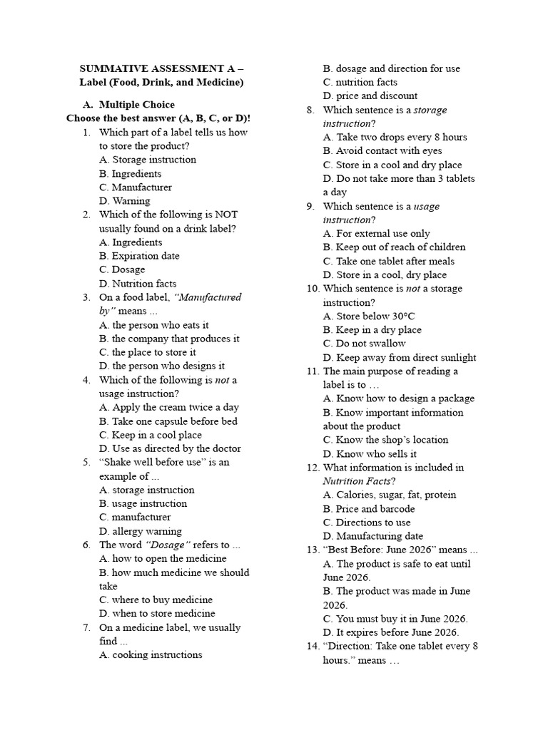 SUMMATIVE ASSESSMENT A - Label (Food, Drink, and Medicine) | PDF ...
