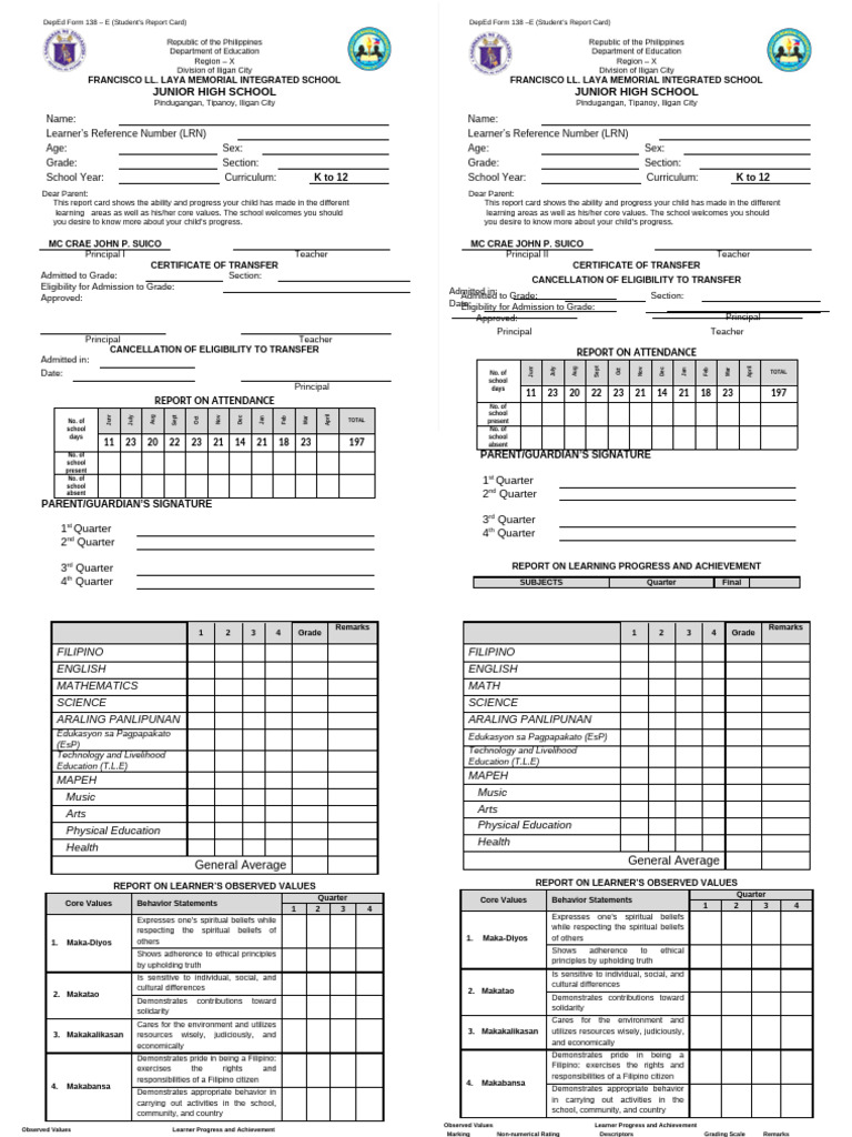 DepEd Form 138-E: Student Report Card | PDF | Learning