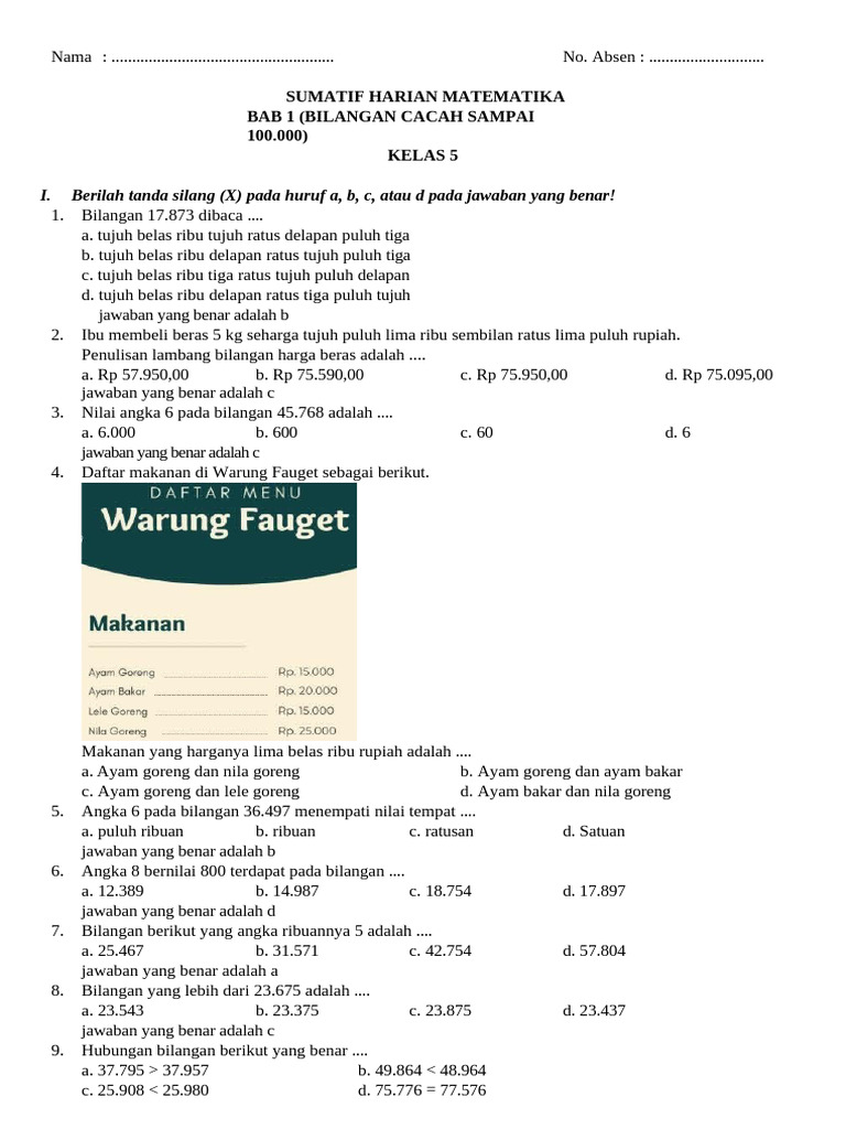 Soal Matematika Kelas 5 Bilangan Cacah | PDF