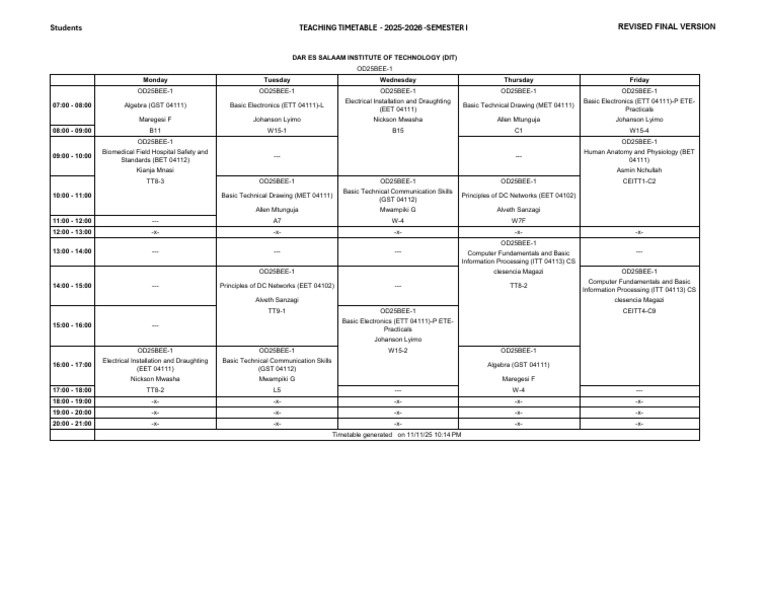 2025-2026 DIT Teaching Timetable | PDF