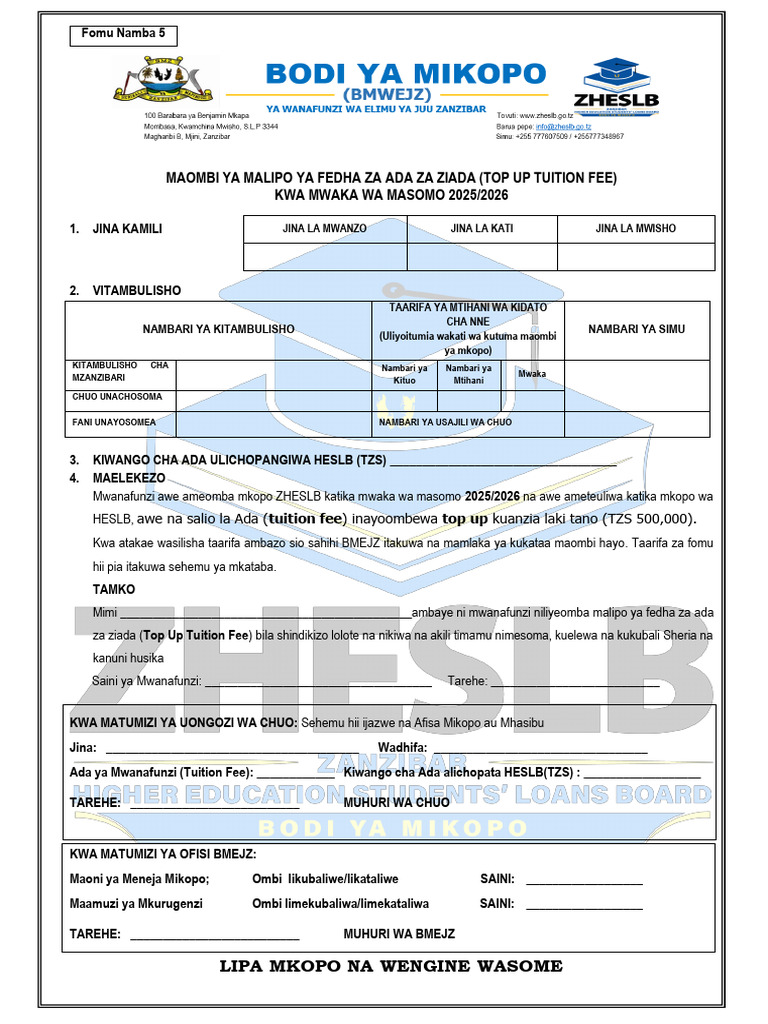 Fomu Ya Mkopo Wa Top Up 2025-26 | PDF