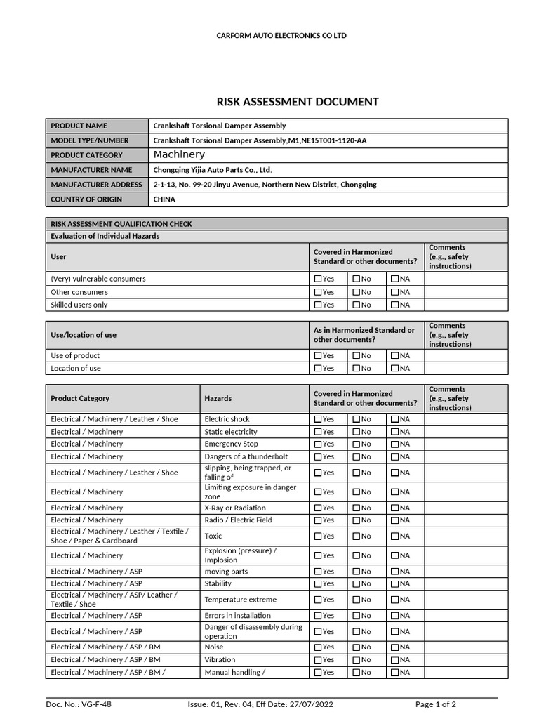 Crankshaft Damper Assembly Risk Assessment | PDF | Occupational Safety ...