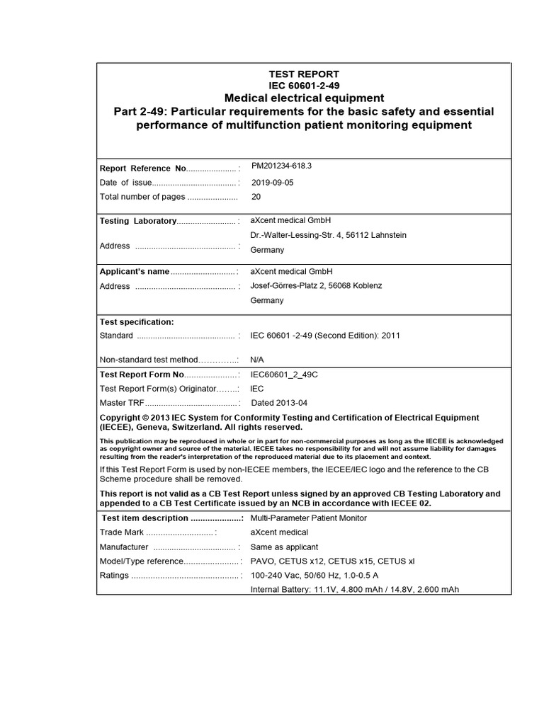 IEC 60601-2-49 Test Report for Patient Monitor | PDF | Electromagnetic ...