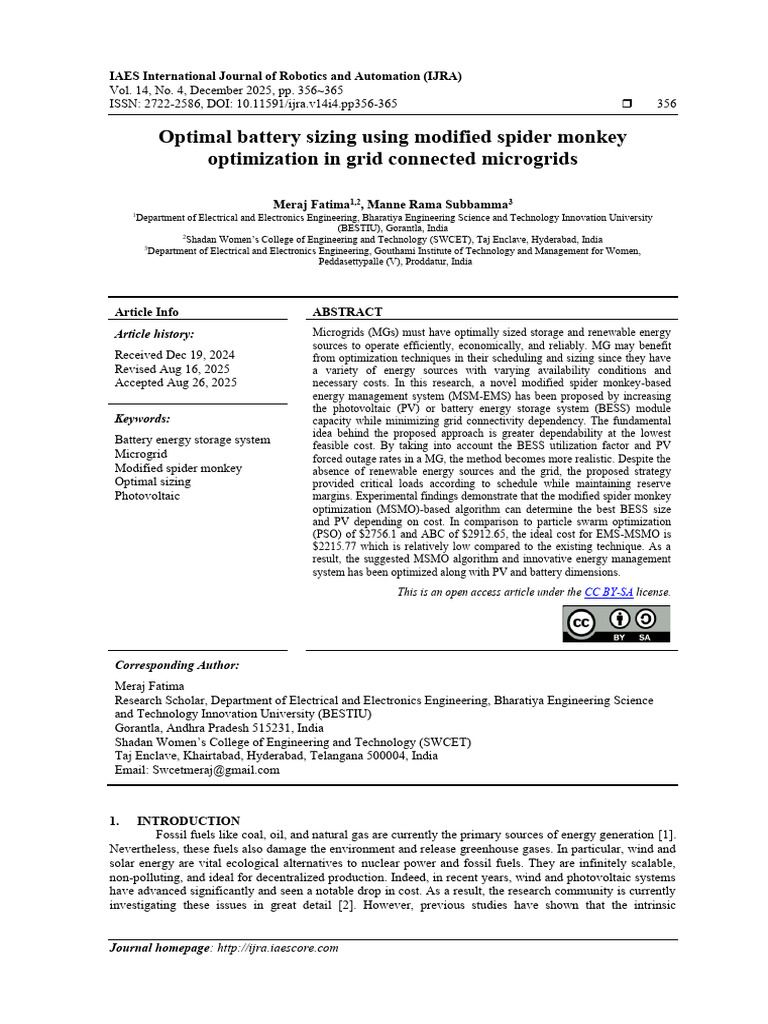 Optimal Battery Sizing Using Modified Spider Monkey Optimization in ...