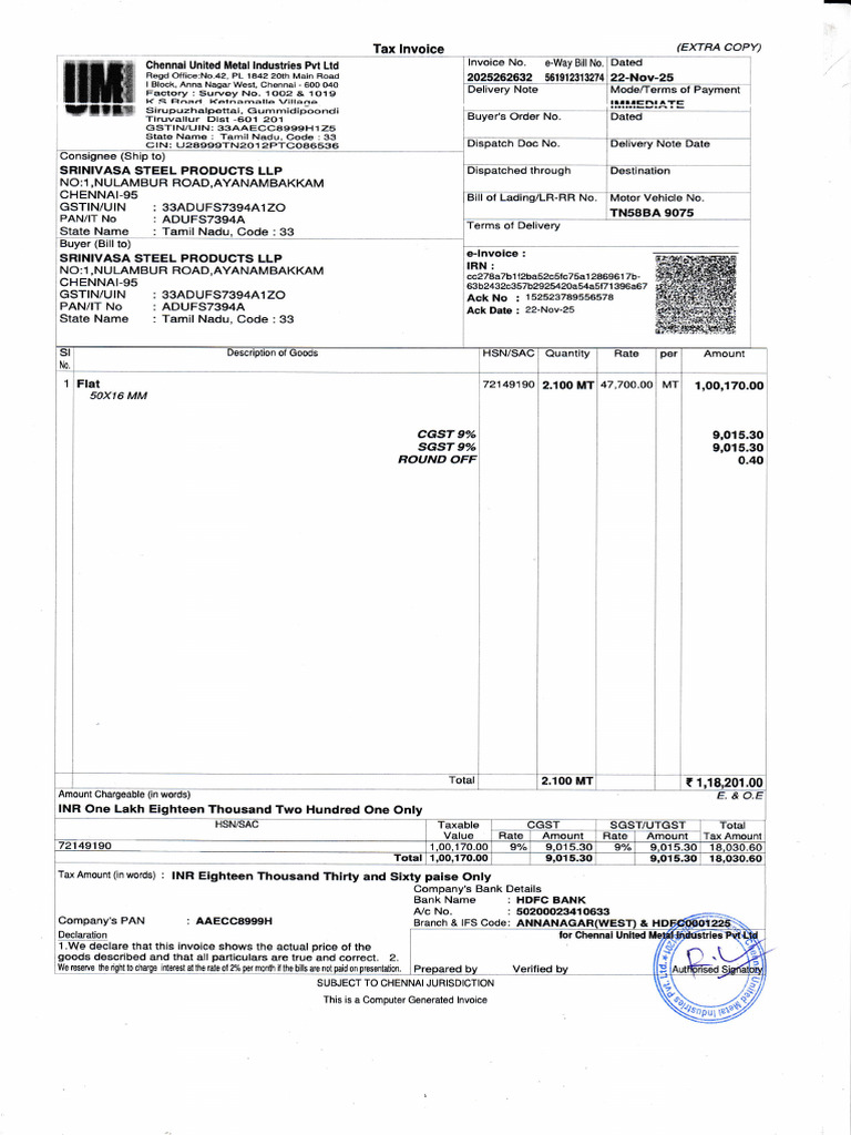 Chennai United Metal Industries Invoice | PDF | Business Documents ...