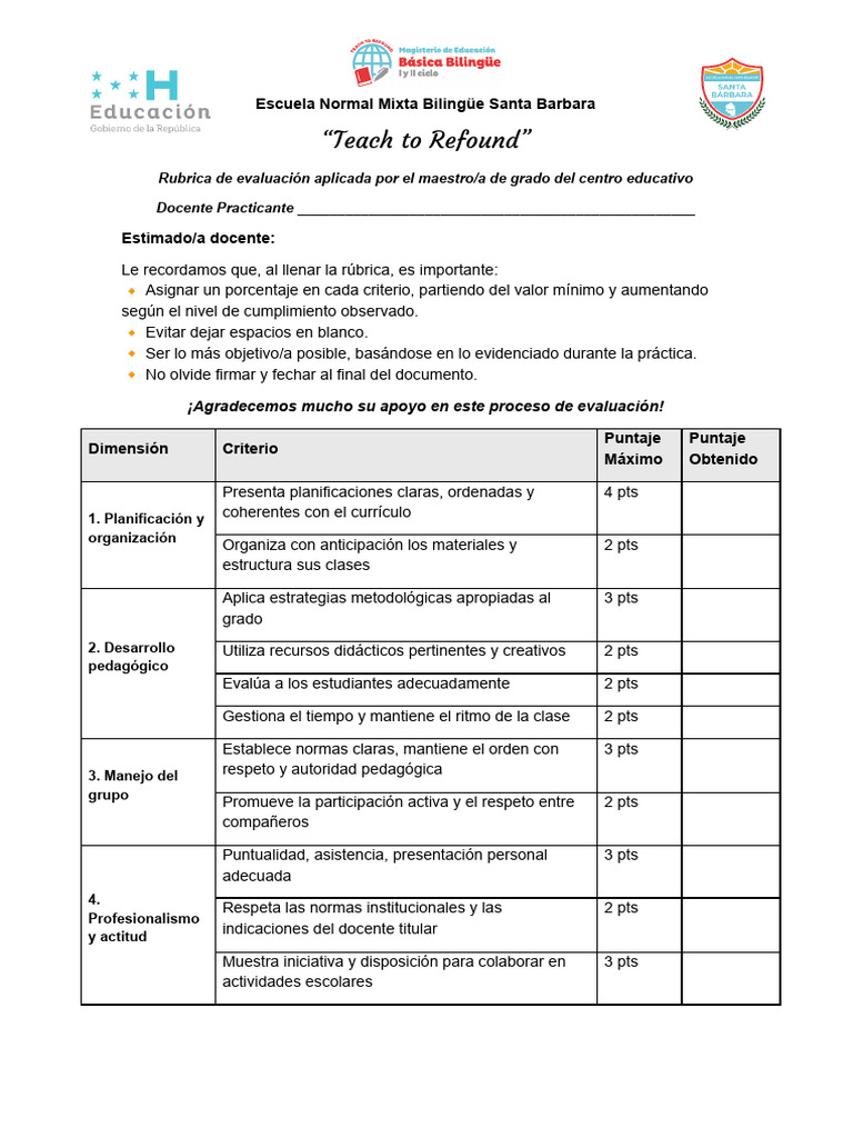 Rúbrica de Evaluación Docente Bilingüe | PDF | Maestros | Plan de estudios