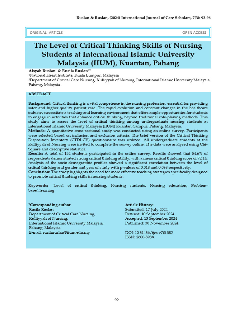The Level of Critical Thinking Skills of Nursing S | PDF | Critical ...