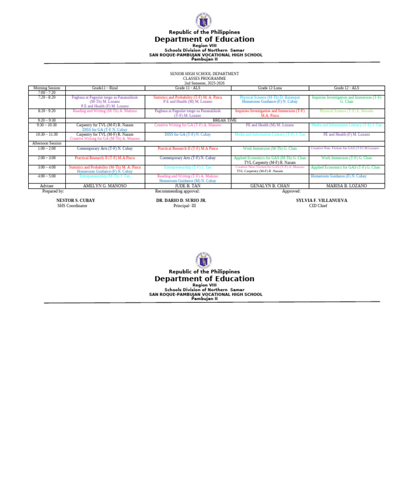 2nd Sem Class Program 25 26 | PDF