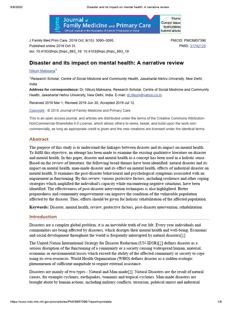 Mental Health Impact of Disasters Review | PDF | Psychological ...