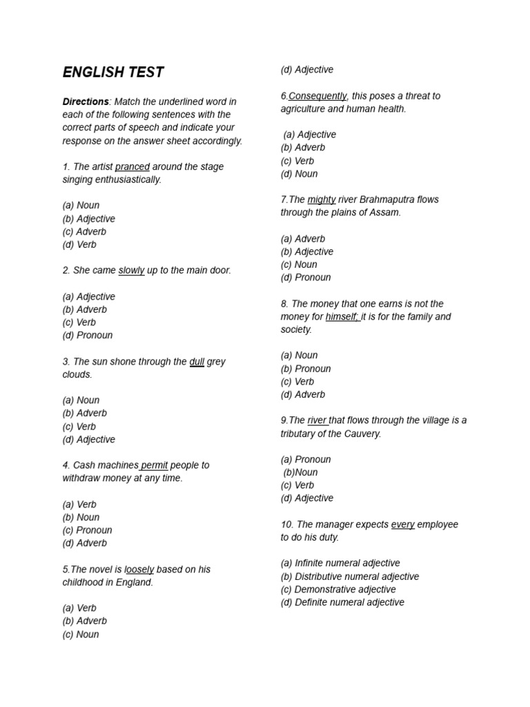 English Parts of Speech Test | PDF | Noun | Adjective