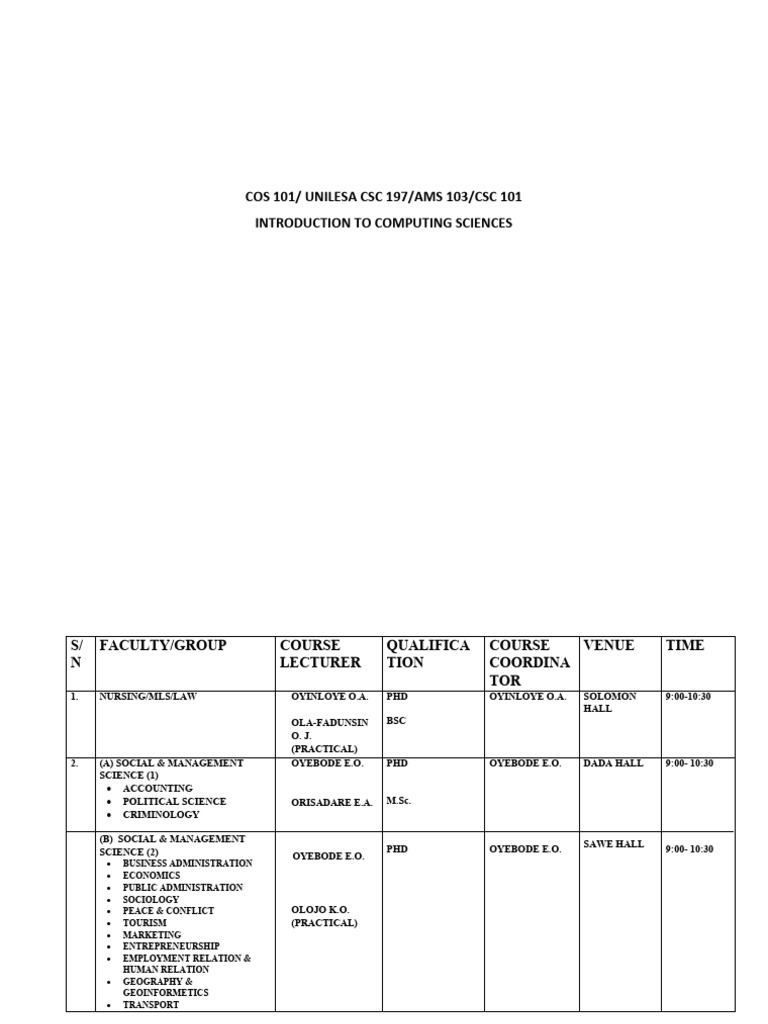 Course Schedule for Computing Sciences | PDF