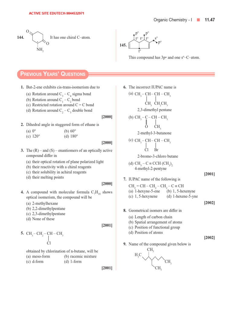 Organic Chemistry Exam Questions and Answers | PDF | Isomer | Chirality ...
