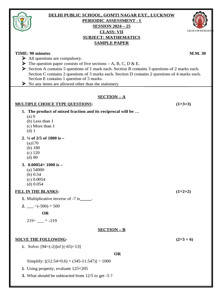 Class VII Math Sample Paper 2024-25 | PDF | Numbers | Number Theory