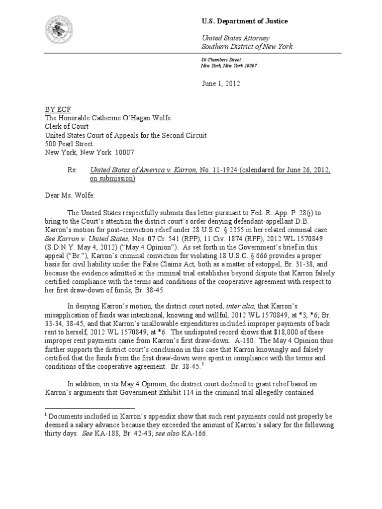 Karron 28 (J) Letter Re Denial of 2255 Motion FILED | PDF | Actual ...