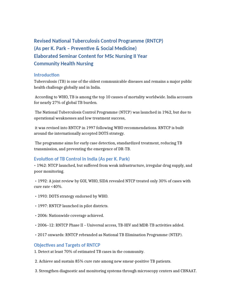 RNTCP Overview for MSc Nursing Students | PDF | Tuberculosis | Medicine