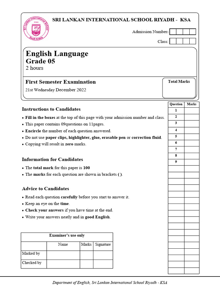 Grade 5 English Exam Instructions | PDF | Linguistics | Grammar