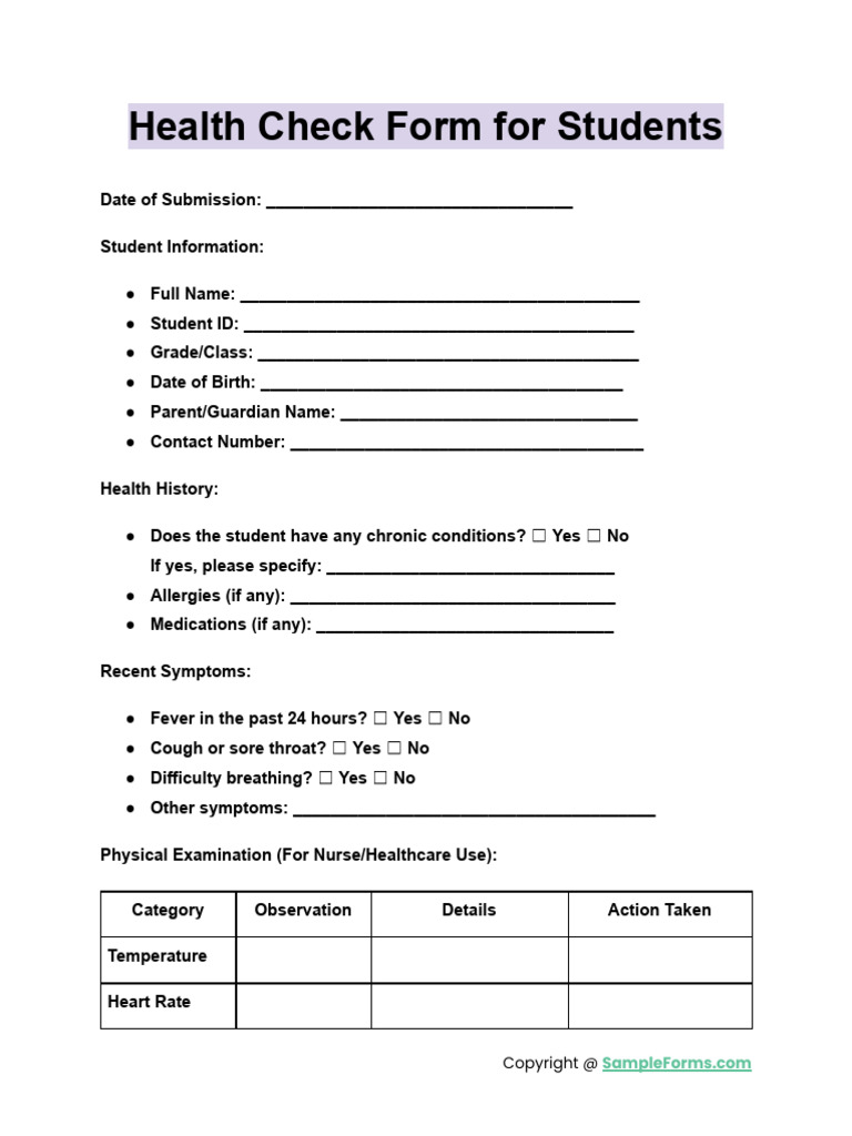 Student Health Check Form | PDF