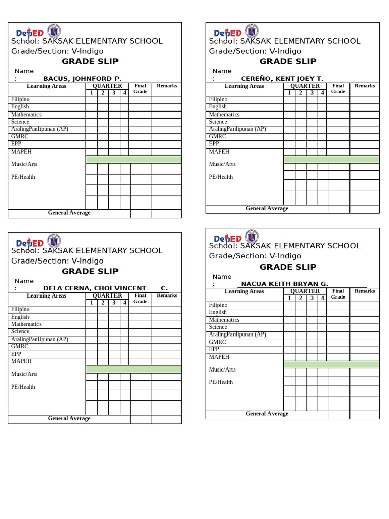 Grade Slips for V-Indigo Students | PDF | Republicanism | Philippines