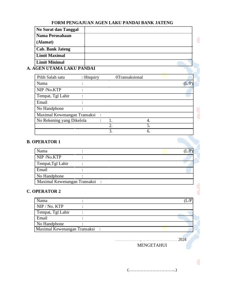 Form Pengajuan Agen Laku Pandai BJ | PDF