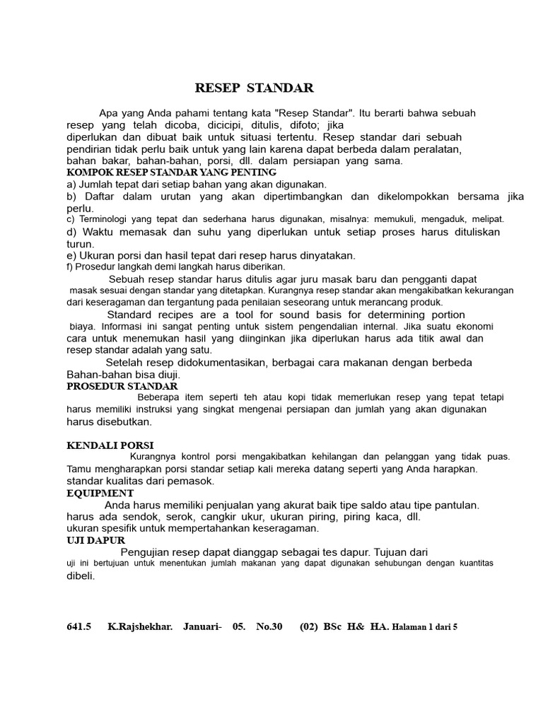 Panduan Lengkap Resep Standar dan Kontrol Biaya | PDF