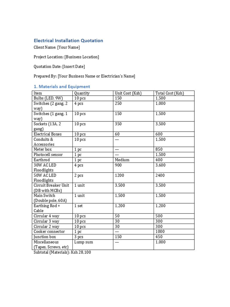 Electrical Installation Quotation Breakdown | PDF