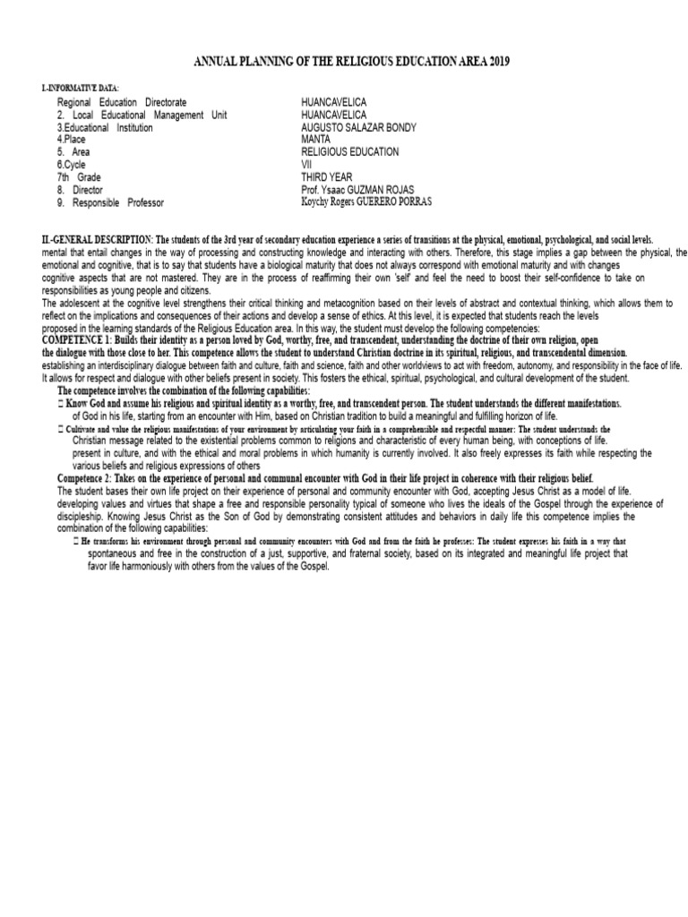 ANNUAL PLANNING OF THE RELIGIOUS EDUCATION AREA 2019 To Work | PDF ...